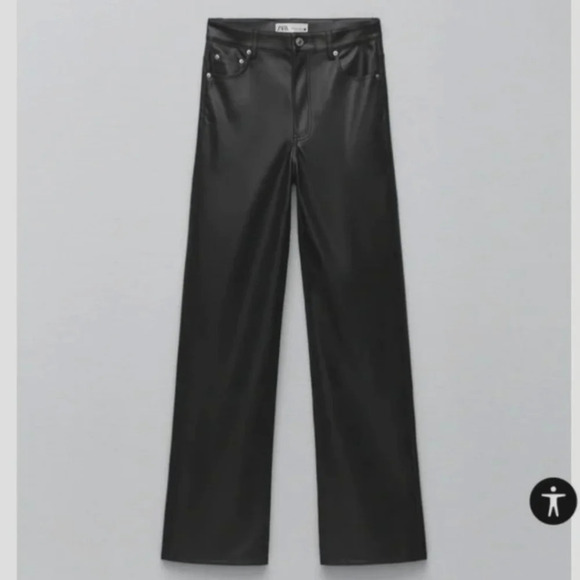ZARA black faux leather straight leg 90s full leghnth pants size 12 - Picture 1 of 9